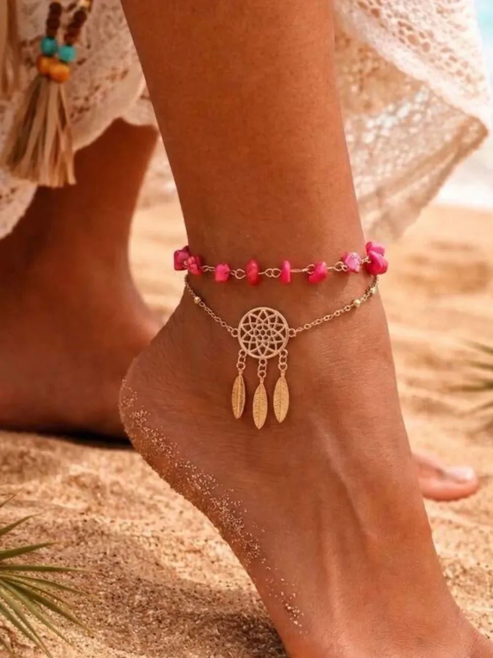 Pink beaded anklet R676